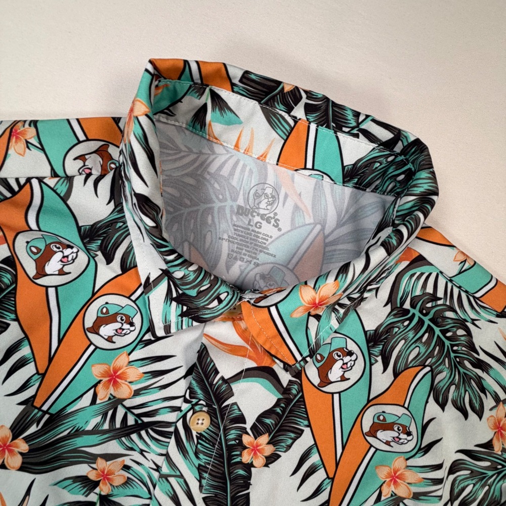 Buc-ee's Mens L Tropical Surfboard Aloha Button Up Shirt Short Sleeve Teal 416